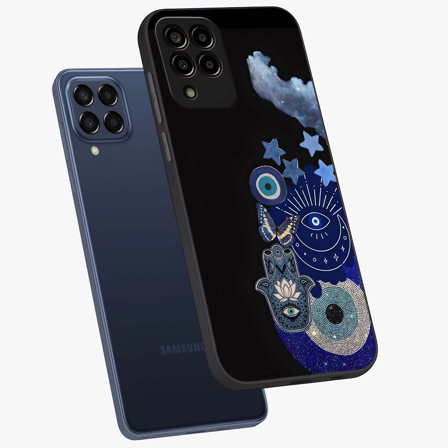 Galactic Charm Cluster Glass Case displayed in angled mockup highlighting luminous galaxy inspired design with dreamy aesthetic.