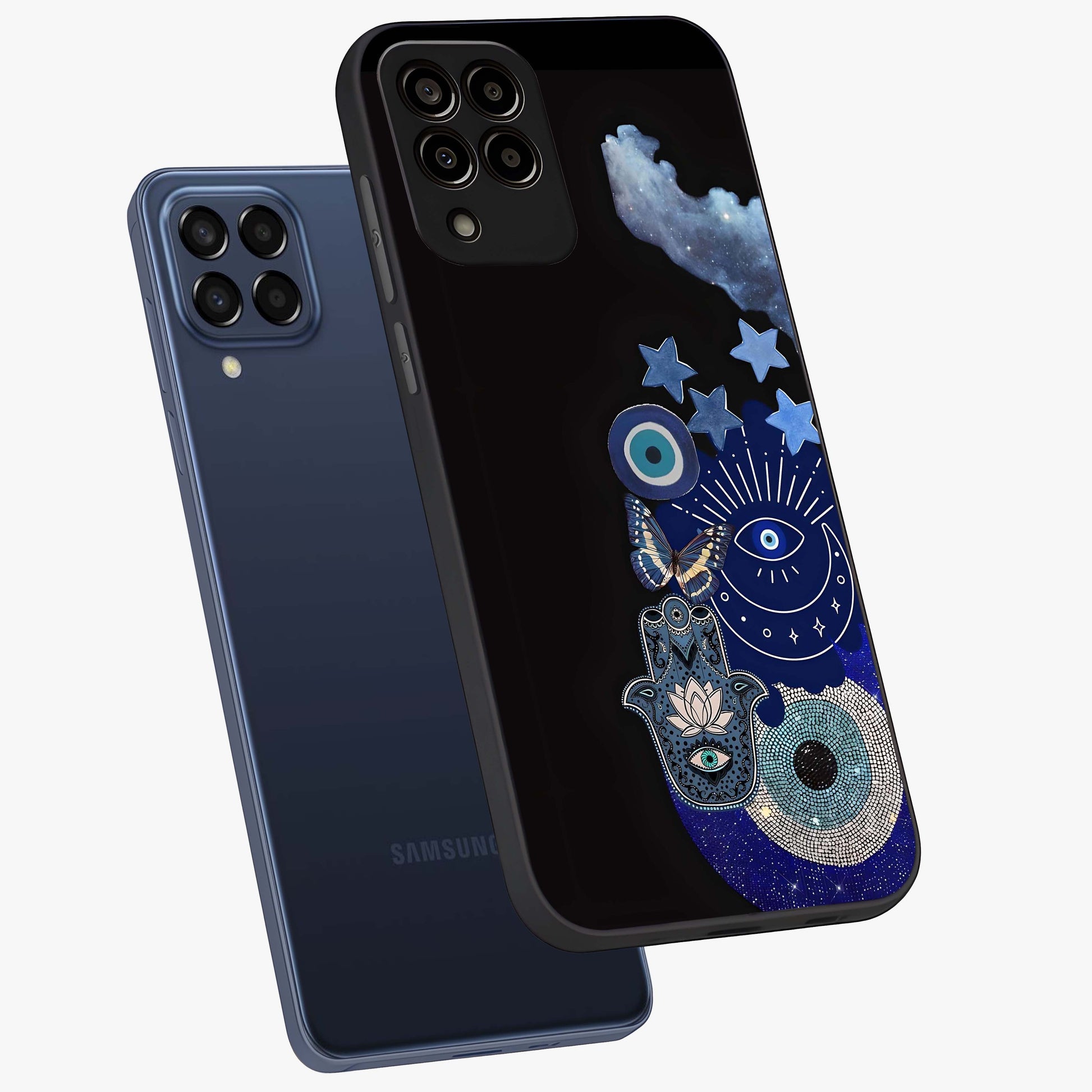 Galactic Charm Cluster Glass Case displayed in angled mockup highlighting luminous galaxy inspired design with dreamy aesthetic.