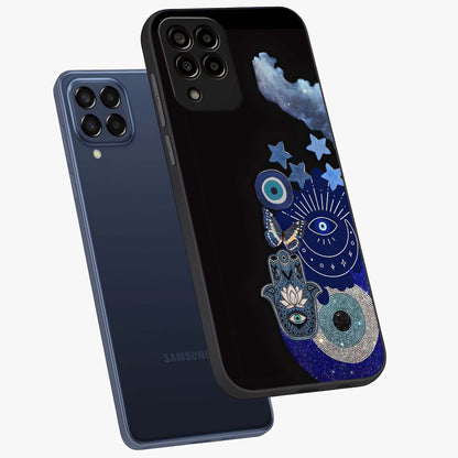 Galactic Charm Cluster Glass Case displayed in angled mockup highlighting luminous galaxy inspired design with dreamy aesthetic.