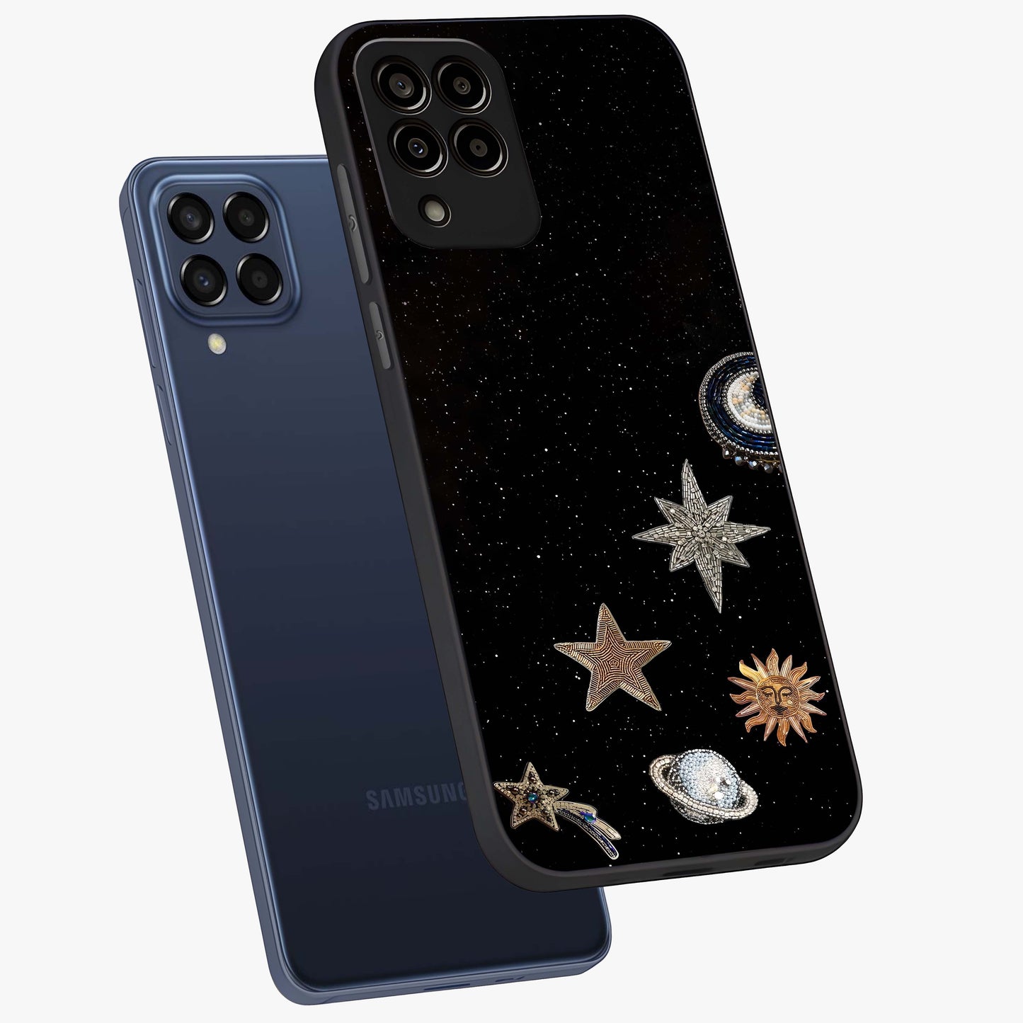 Galactic Charm Glow Glass Case displayed in angled mockup highlighting luminous galaxy inspired design with dreamy aesthetic.