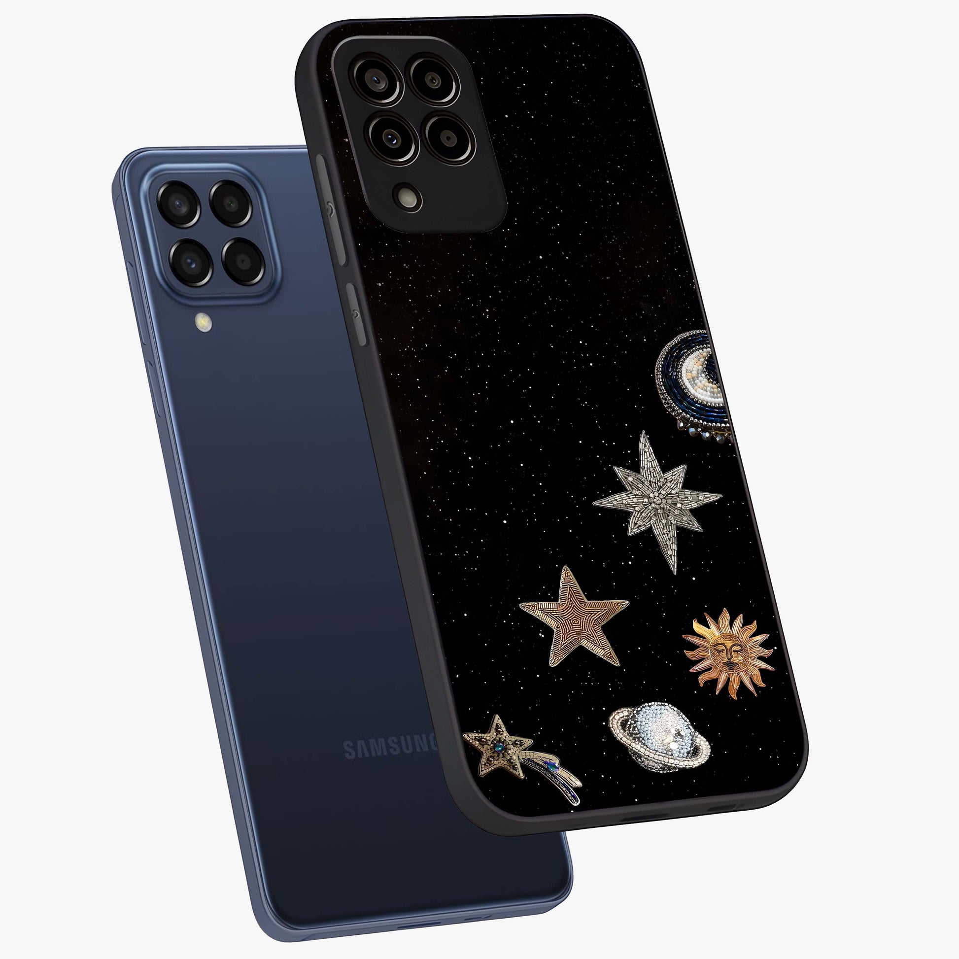 Galactic Charm Glow Glass Case displayed in angled mockup highlighting luminous galaxy inspired design with dreamy aesthetic.