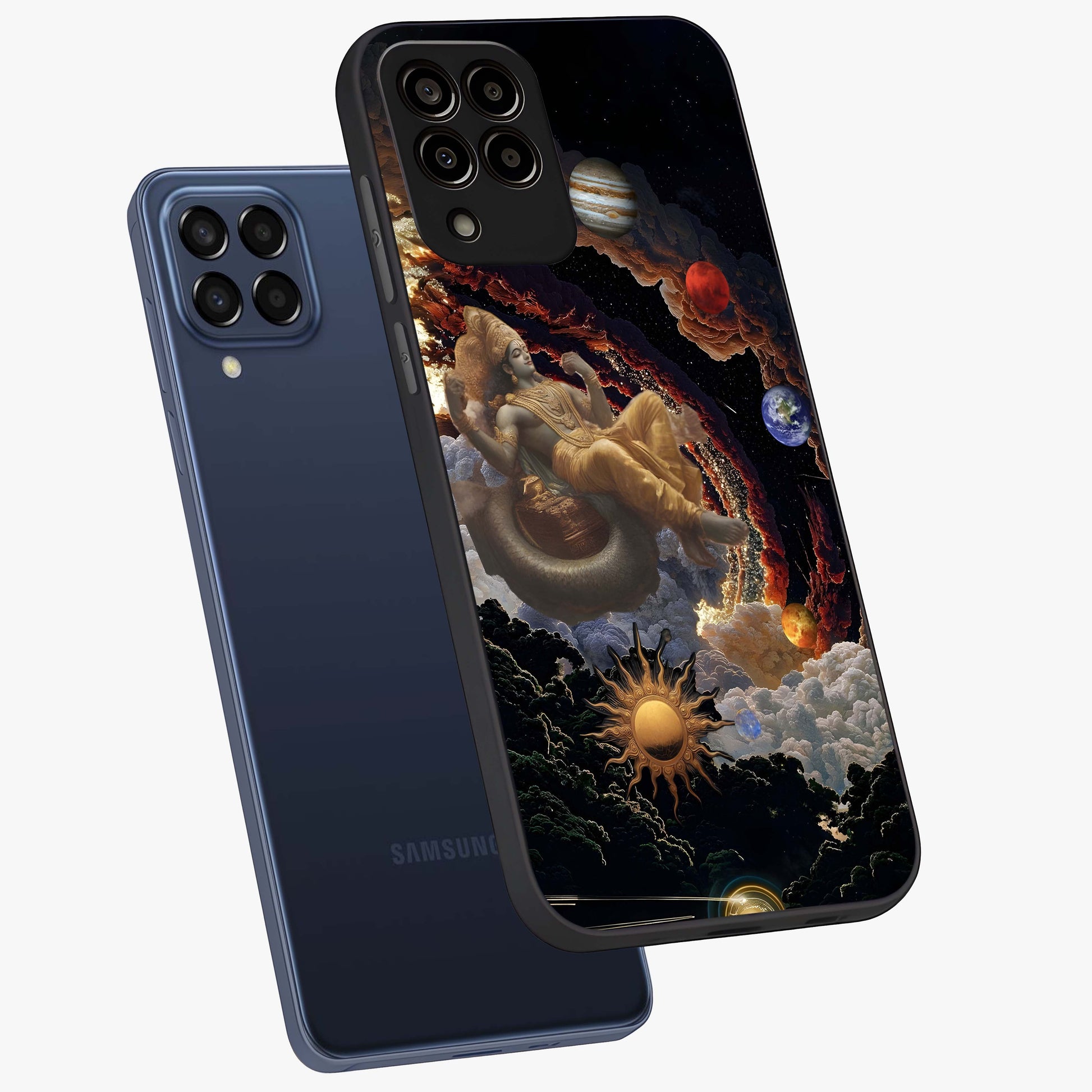 Galactic Divine God Glass Case displayed in angled mockup highlighting powerful celestial deity illustration with galactic aesthetic.