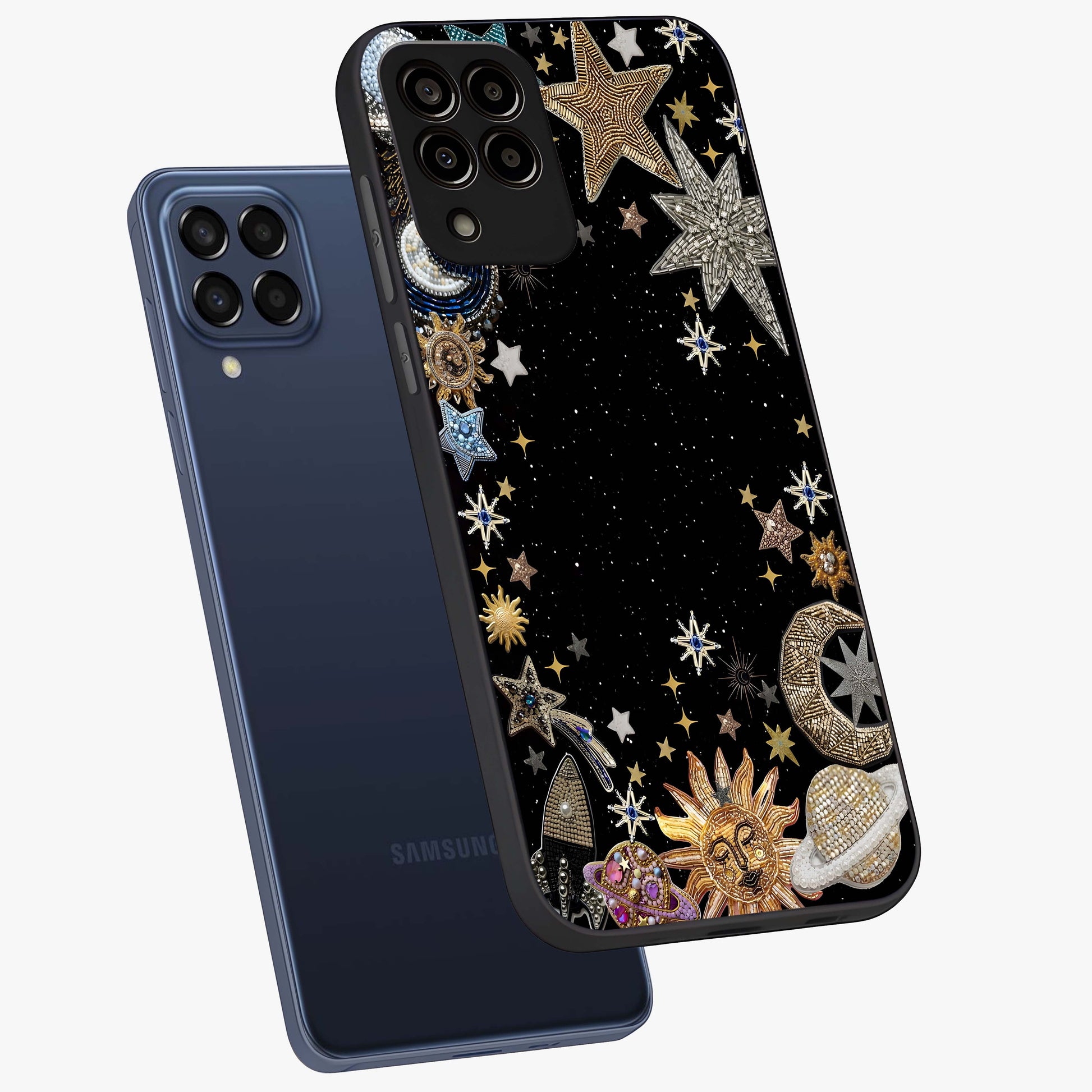 Galactic Jewel Stars Glass Case displayed in angled mockup highlighting shining celestial star design with cosmic aesthetic style.