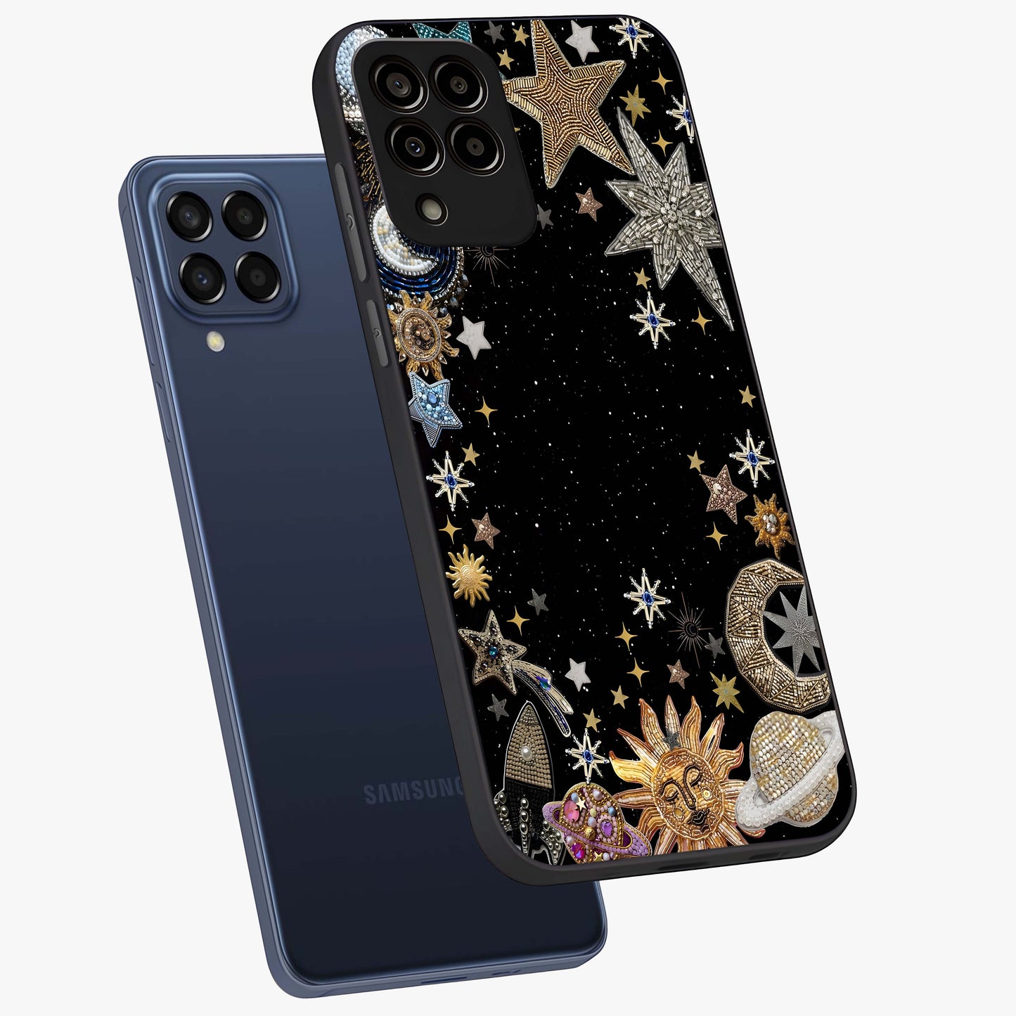 Galactic Jewel Stars Glass Case displayed in angled mockup highlighting shining celestial star design with cosmic aesthetic style.