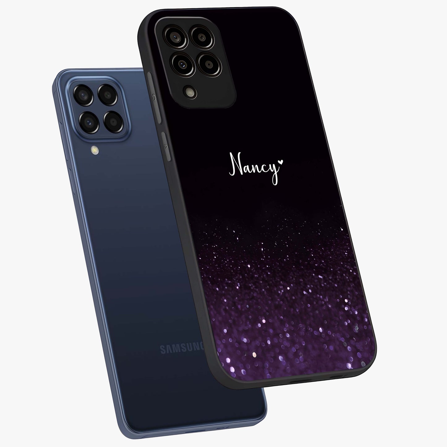 Glittery Purple Bokeh Custom Name Glass Case displayed in angled mockup highlighting glitter bokeh pattern with custom name feature.