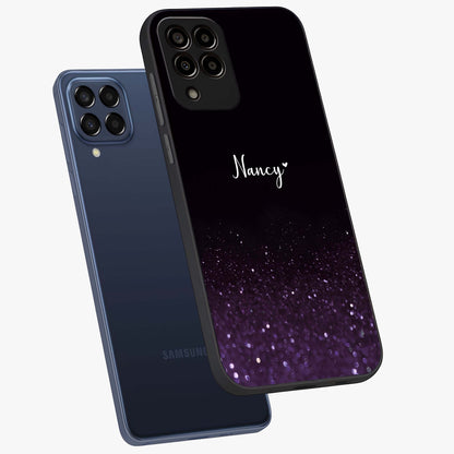 Glittery Purple Bokeh Custom Name Glass Case displayed in angled mockup highlighting glitter bokeh pattern with custom name feature.