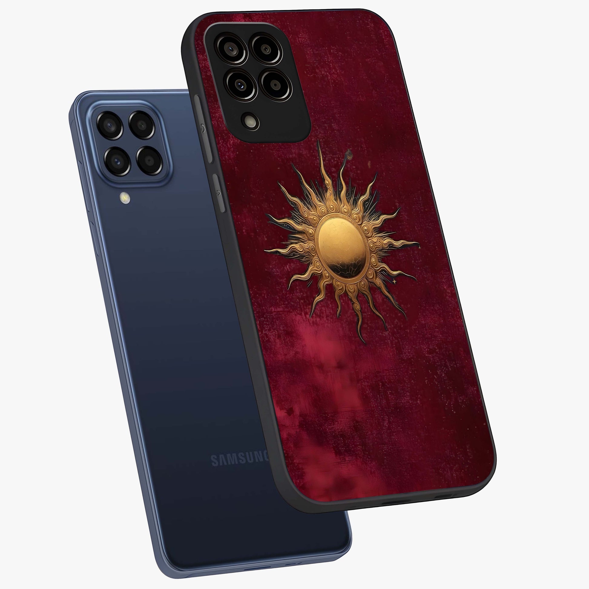 Golden Sun Minimalism Glass Case displayed in angled mockup highlighting clean sun symbol design with modern minimal aesthetic.