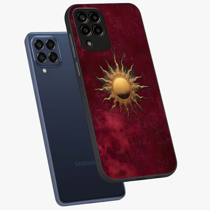 Golden Sun Minimalism Glass Case displayed in angled mockup highlighting clean sun symbol design with modern minimal aesthetic.
