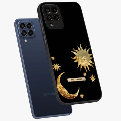 Gold Sun Blush Glass Case displayed in angled mockup highlighting radiant sun design with warm golden aesthetic.