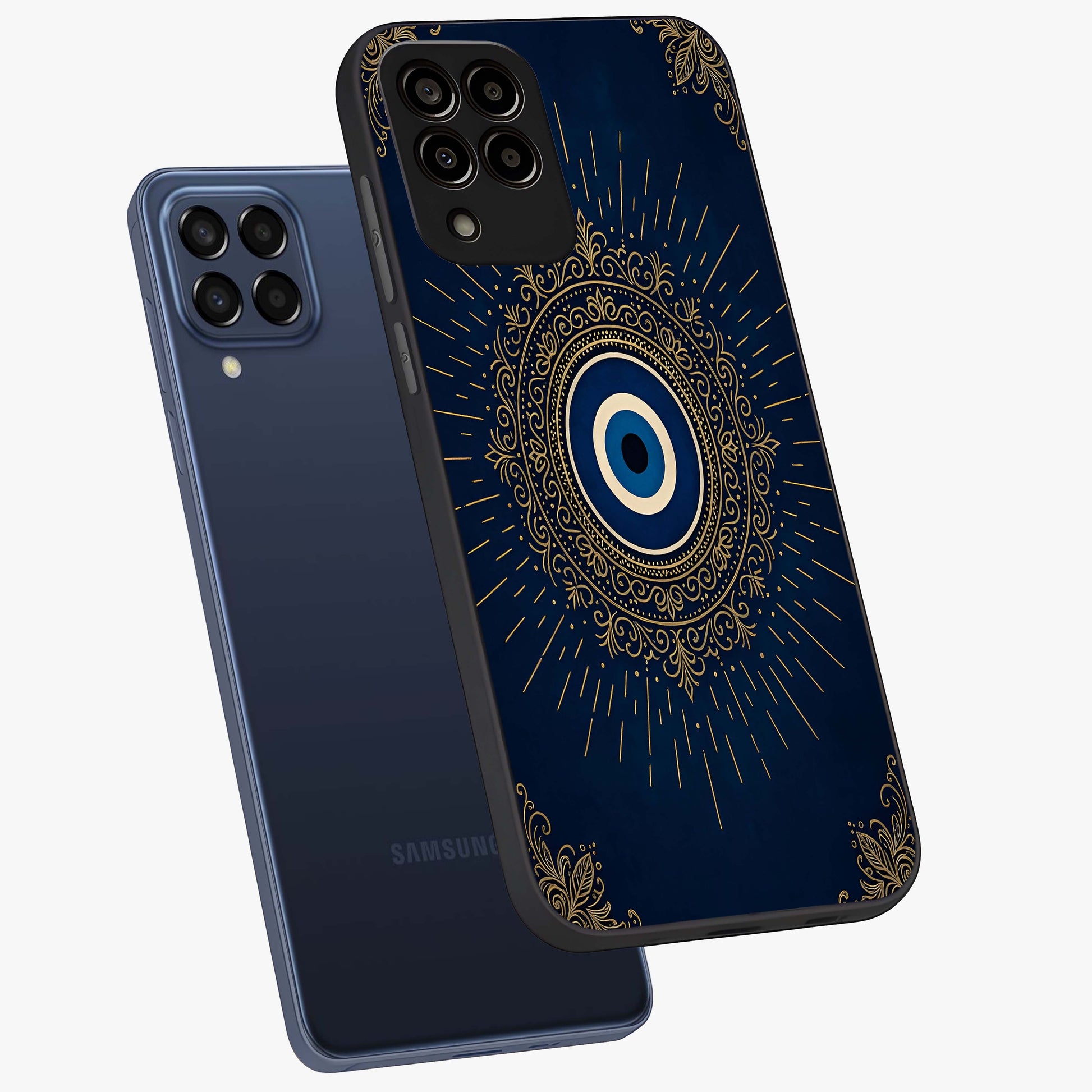Golden Celestial Charm Glass Case displayed in angled mockup highlighting sparkling cosmic charm design with celestial aesthetic.