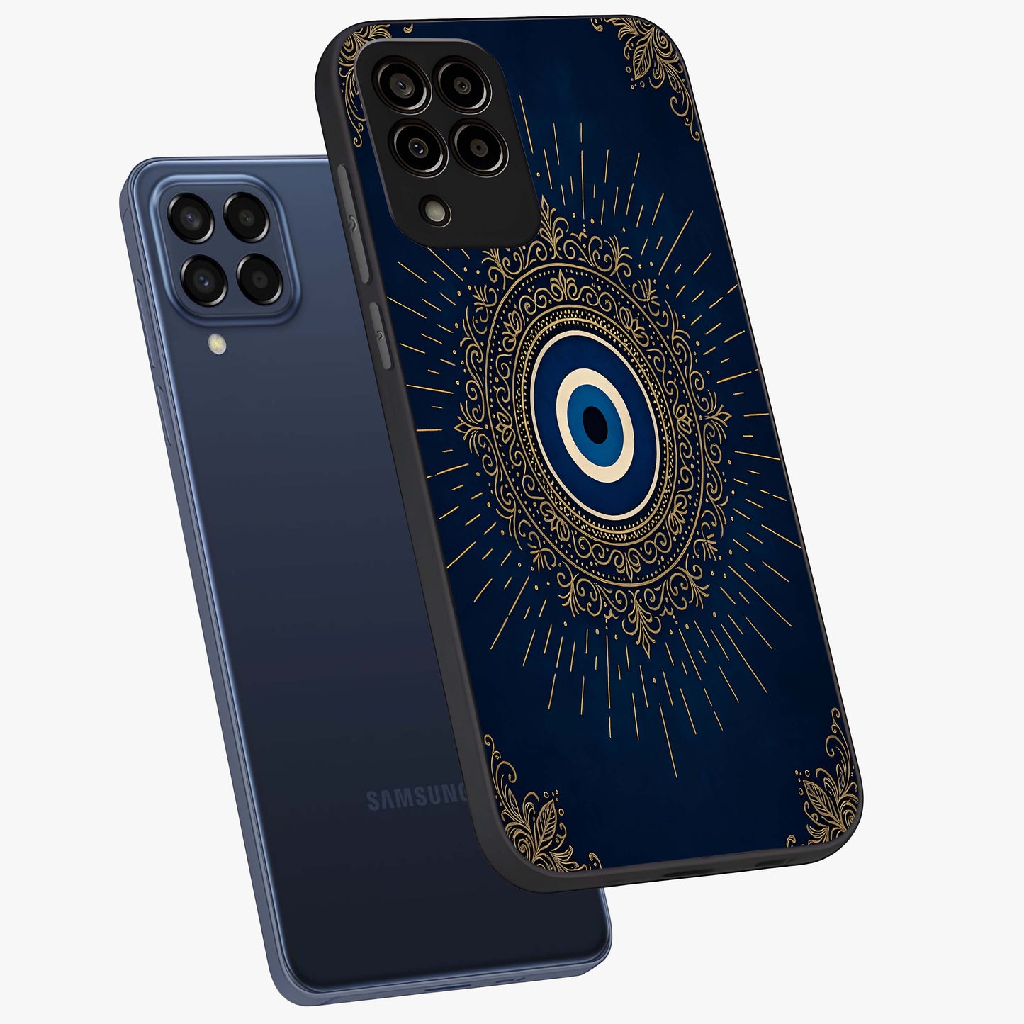 Golden Celestial Charm Glass Case displayed in angled mockup highlighting sparkling cosmic charm design with celestial aesthetic.