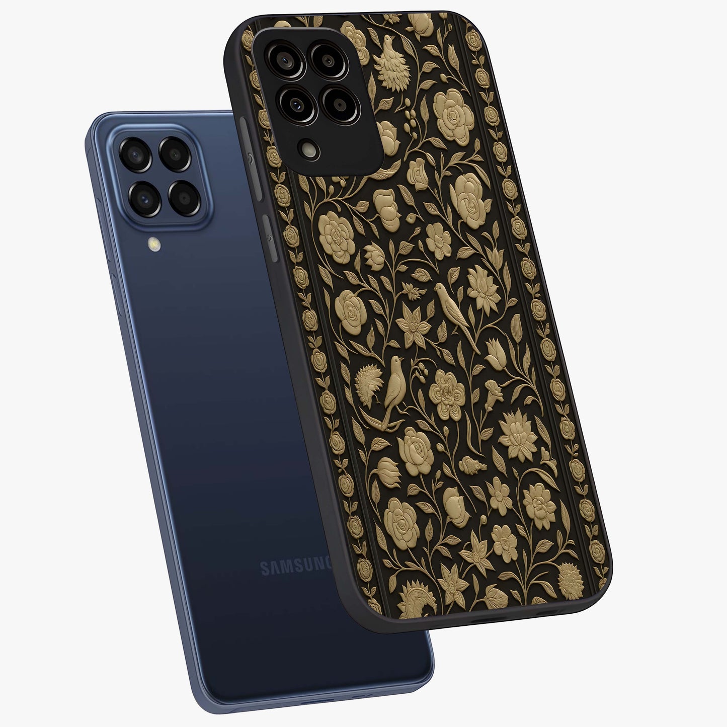 Golden Evil Eye Mandala Glass Case displayed in angled mockup highlighting protective evil eye symbol with golden mandala design.