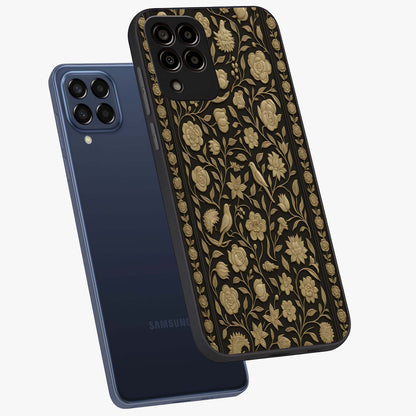 Golden Evil Eye Mandala Glass Case displayed in angled mockup highlighting protective evil eye symbol with golden mandala design.