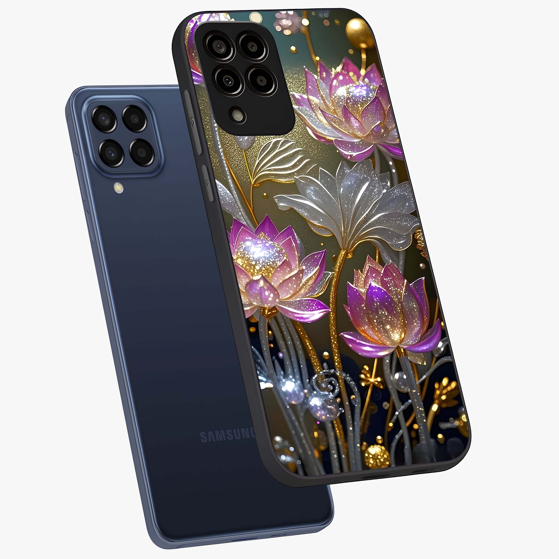 Golden Floral Majesty Glass Case displayed in angled mockup highlighting elegant flower design with royal golden aesthetic.