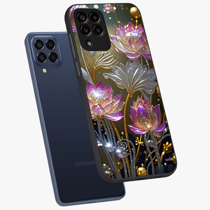 Golden Floral Majesty Glass Case displayed in angled mockup highlighting elegant flower design with royal golden aesthetic.