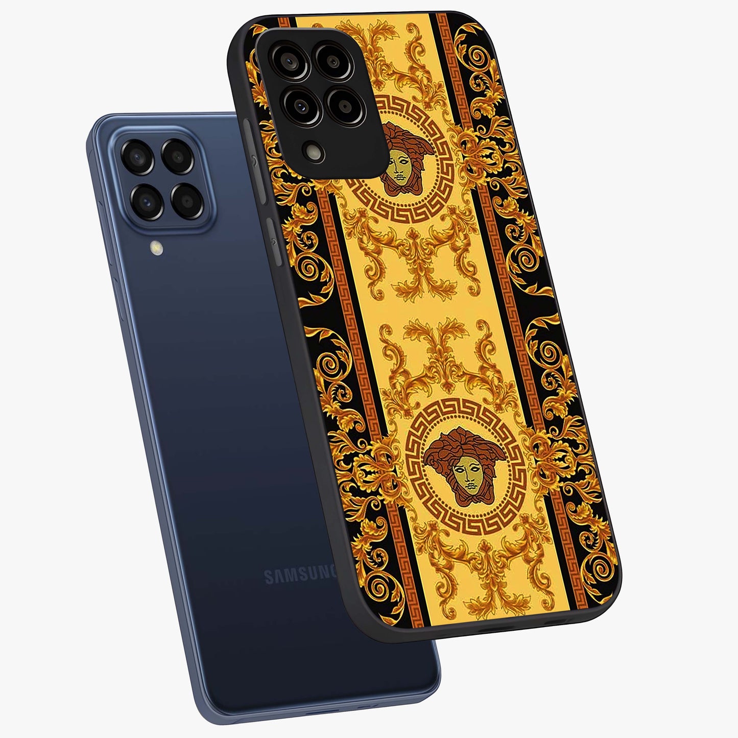 Golden Lotus Glow Glass Case displayed in angled mockup highlighting radiant lotus illustration with spiritual aesthetic.