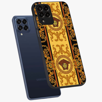 Golden Lotus Glow Glass Case displayed in angled mockup highlighting radiant lotus illustration with spiritual aesthetic.