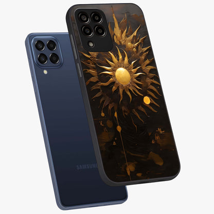 Golden Sun Majesty Glass Case displayed in angled mockup highlighting eerie shadow illustration with gothic aesthetic.