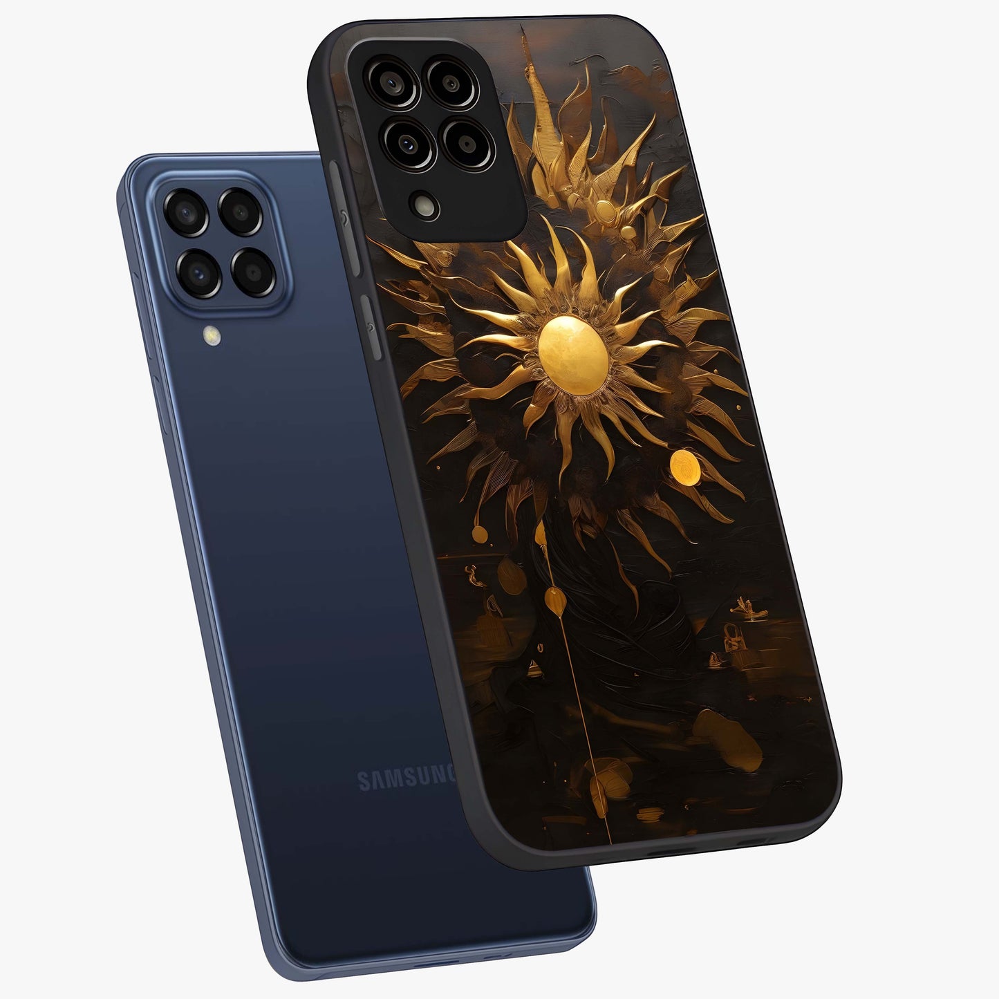 Golden Sun Majesty Glass Case displayed in angled mockup highlighting eerie shadow illustration with gothic aesthetic.