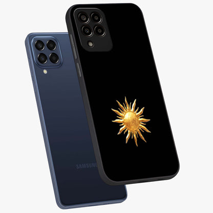 Golden Sun Minimalism Glass Case displayed in angled mockup highlighting eerie shadow illustration with gothic aesthetic.