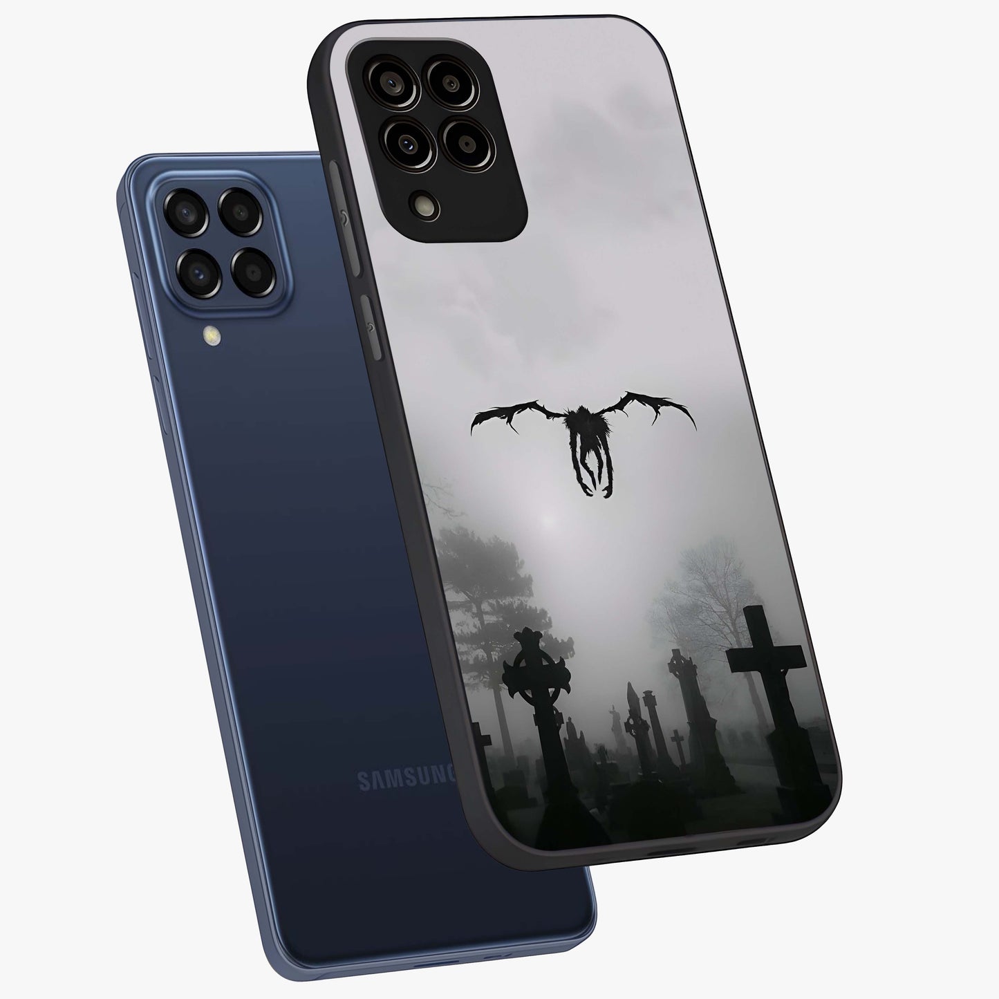 Graveyard Shadow Descent Glass Case displayed in angled mockup highlighting eerie shadow illustration with gothic aesthetic.