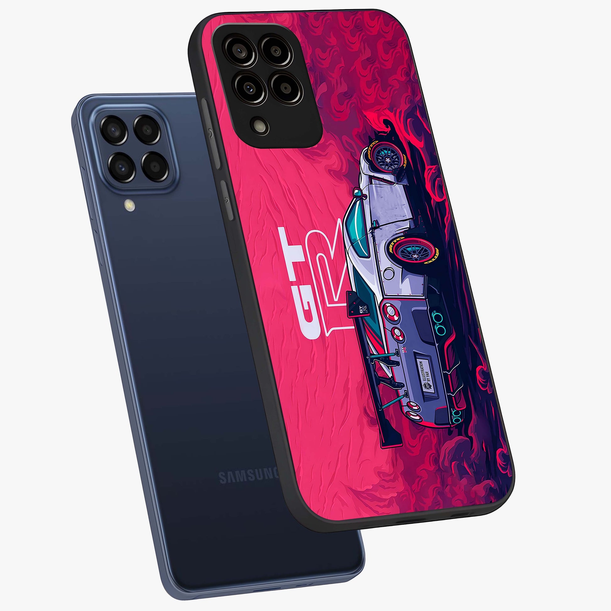 GT-R Car Pattern Glass Case displayed in angled mockup highlighting racing car graphic design with bold automotive aesthetic.