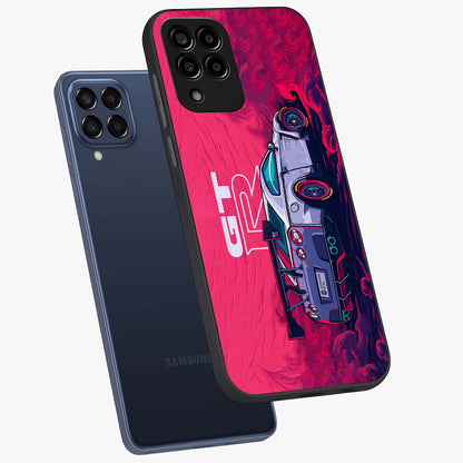 GT-R Car Pattern Glass Case displayed in angled mockup highlighting racing car graphic design with bold automotive aesthetic.
