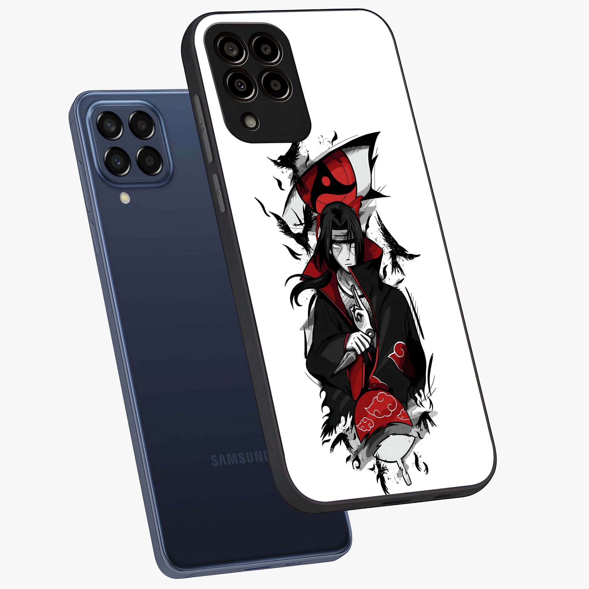 Itachi Limited Edition Naruto Anime Glass Case displayed in angled mockup highlighting dramatic anime illustration with bold action aesthetic.