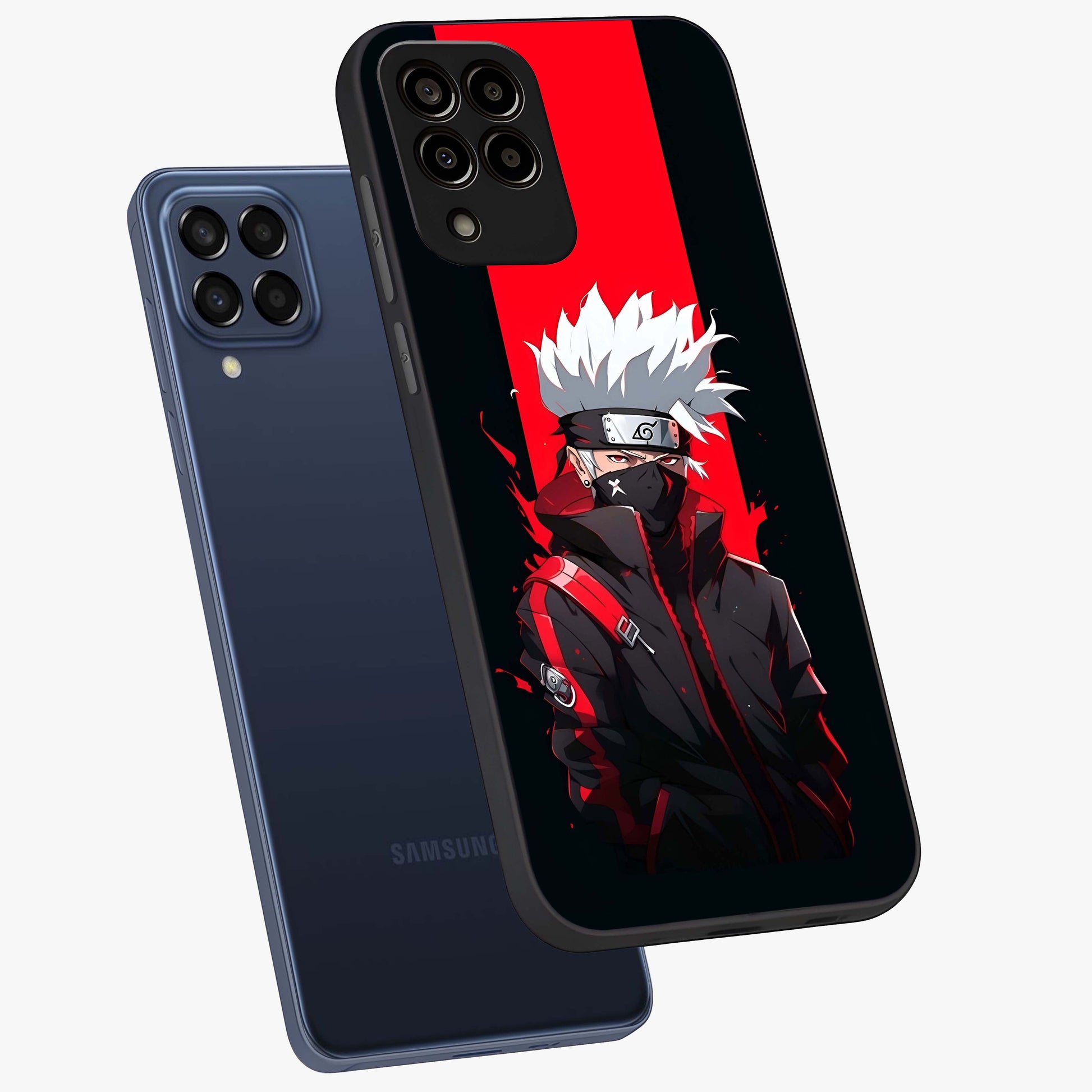 Kakashi Scarlet Shadow Glass Case displayed in angled mockup highlighting dramatic ninja illustration with scarlet themed aesthetic.