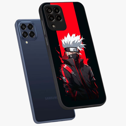 Kakashi Scarlet Shadow Glass Case displayed in angled mockup highlighting dramatic ninja illustration with scarlet themed aesthetic.