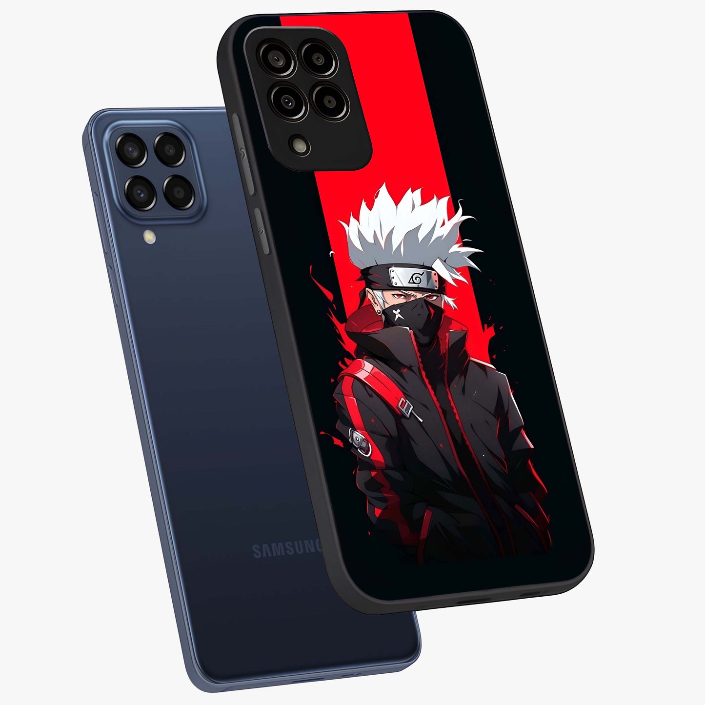 Kakashi Scarlet Shadow Glass Case displayed in angled mockup highlighting dramatic ninja illustration with scarlet themed aesthetic.