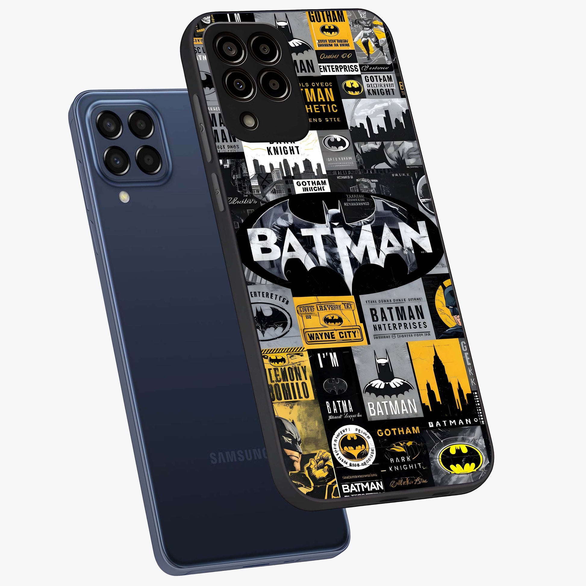 Knight Gotham Rise Glass Case displayed in angled mockup highlighting powerful knight silhouette design with dramatic aesthetic.