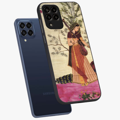 Lady With Veena Art Glass Case displayed in angled mockup highlighting graceful musical illustration with cultural artistic aesthetic.