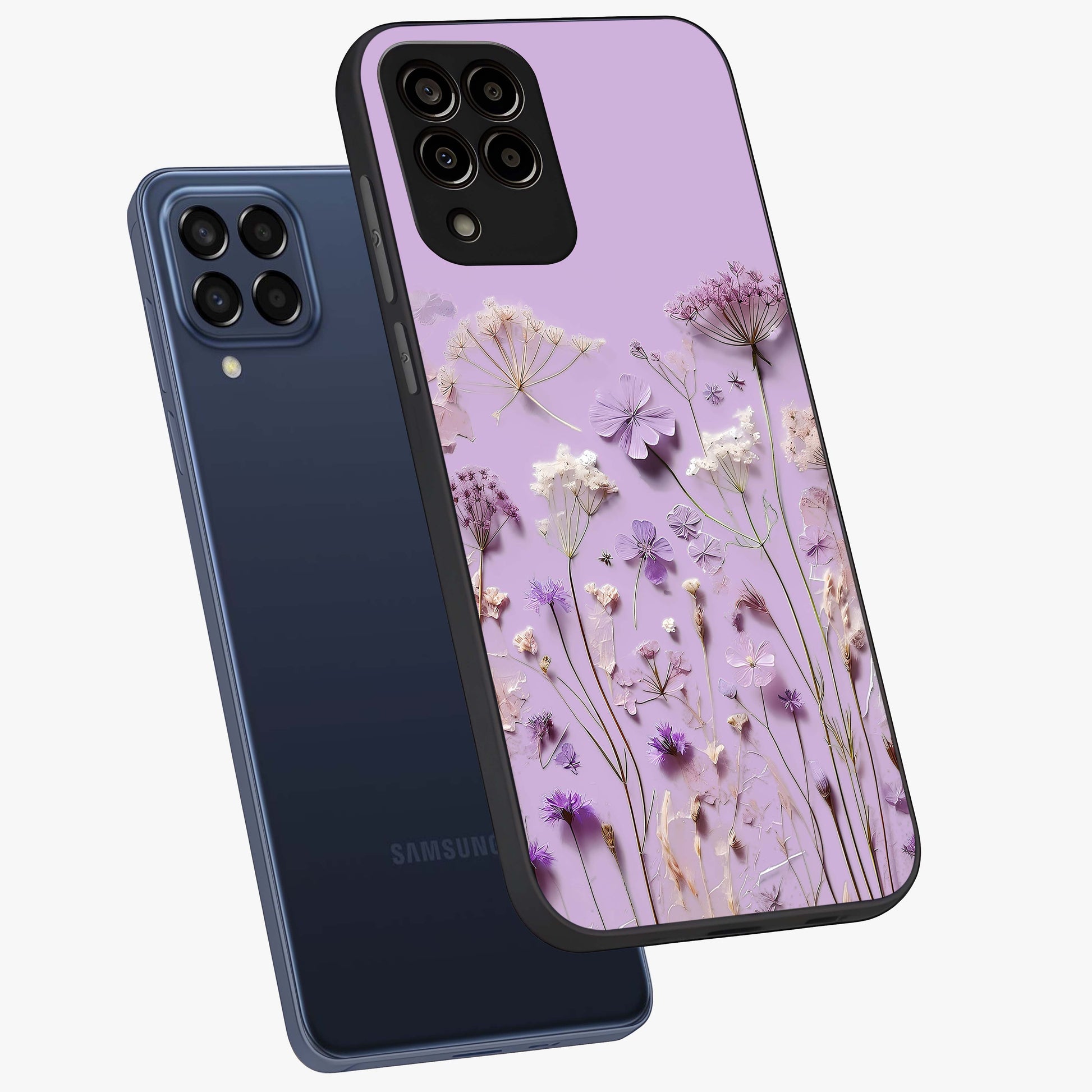 Lavender Blossom Dream Glass Case displayed in angled mockup highlighting dreamy lavender flower design with calming aesthetic style.