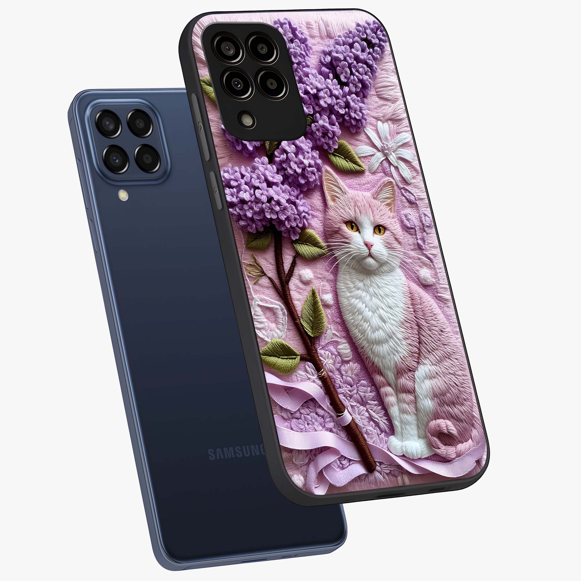 Lavender Cat Whimsy Glass Case displayed in angled mockup highlighting playful feline illustration with pastel lavender aesthetic.