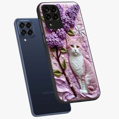 Lavender Cat Whimsy Glass Case displayed in angled mockup highlighting playful feline illustration with pastel lavender aesthetic.