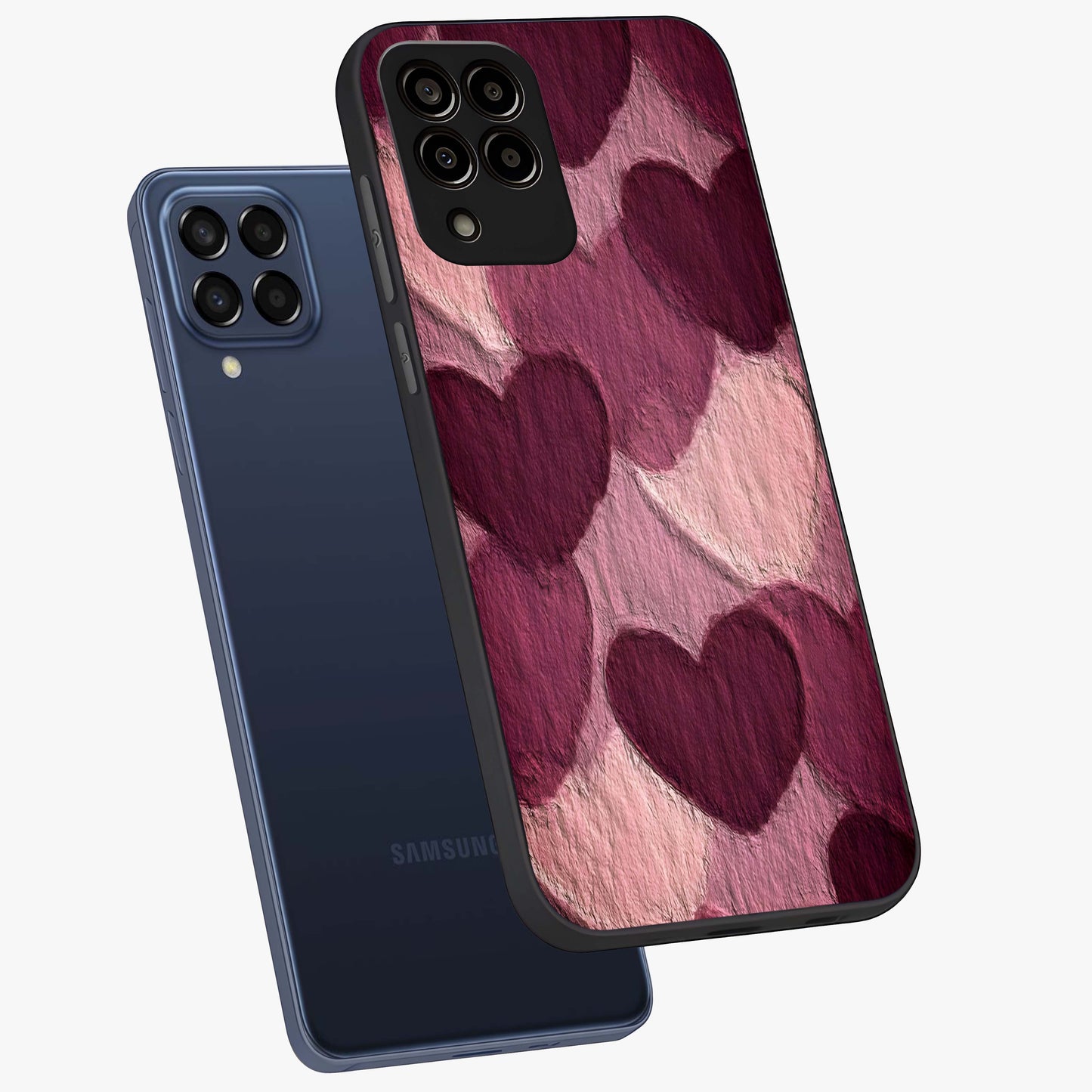 Layered Paper Hearts Glass Case displayed in angled mockup highlighting creative paper craft heart design with romantic aesthetic.