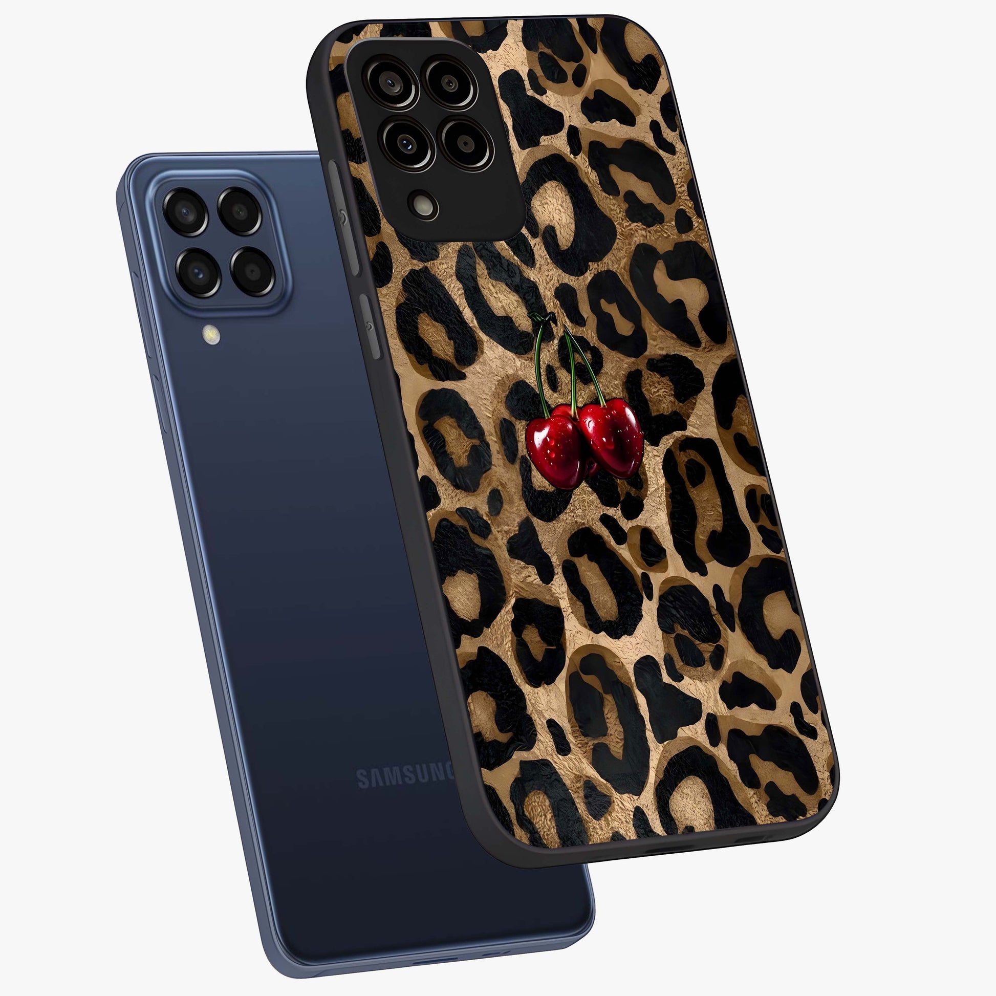 Leopard Wild Cherry Glass Case displayed in angled mockup highlighting bold animal print design with playful cherry aesthetic.