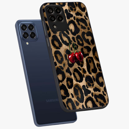 Leopard Wild Cherry Glass Case displayed in angled mockup highlighting bold animal print design with playful cherry aesthetic.