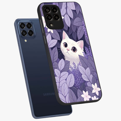 Lilac Hide Peek Cat Glass Case displayed in angled mockup highlighting playful feline illustration with lilac aesthetic design.