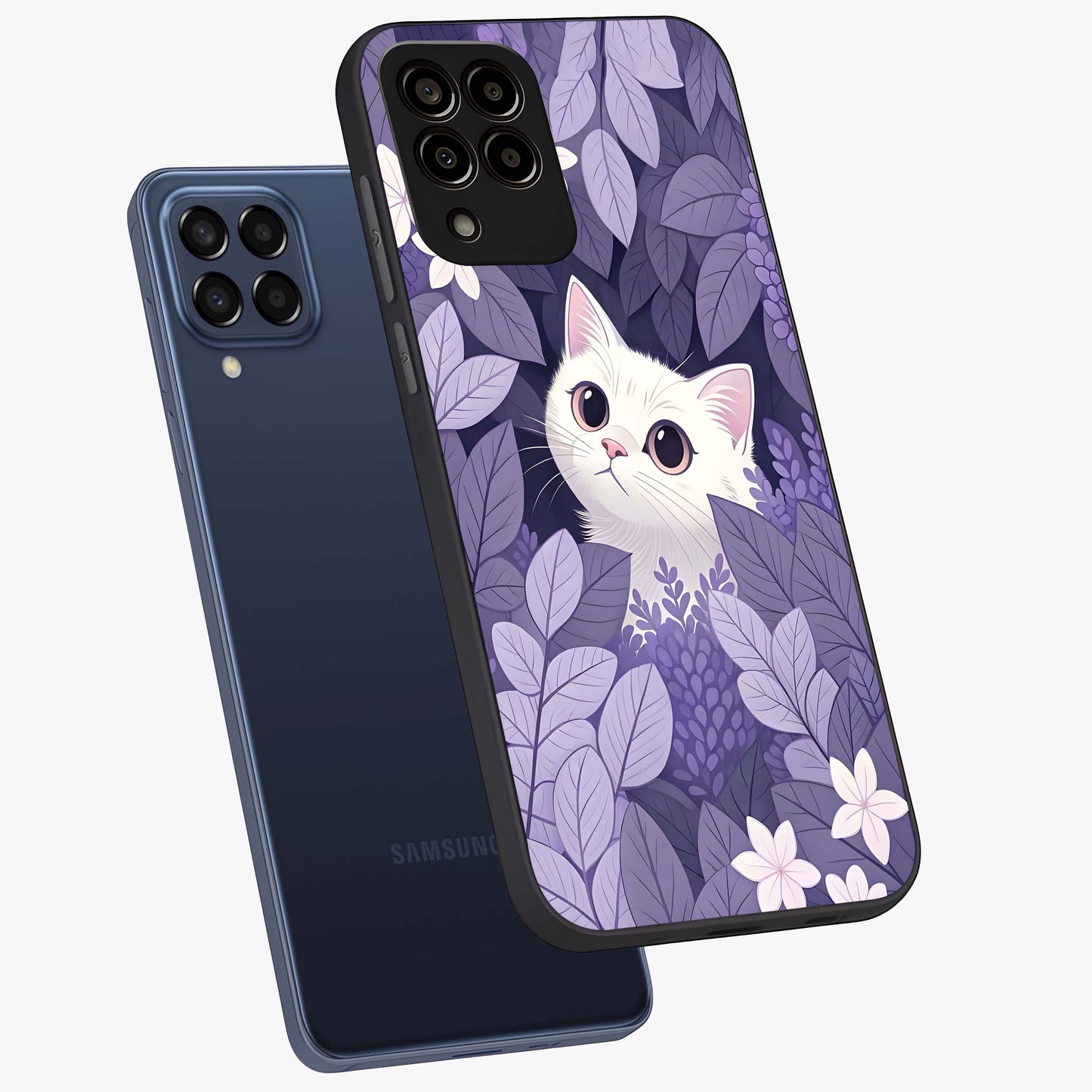 Lilac Hide Peek Cat Glass Case displayed in angled mockup highlighting playful feline illustration with lilac aesthetic design.