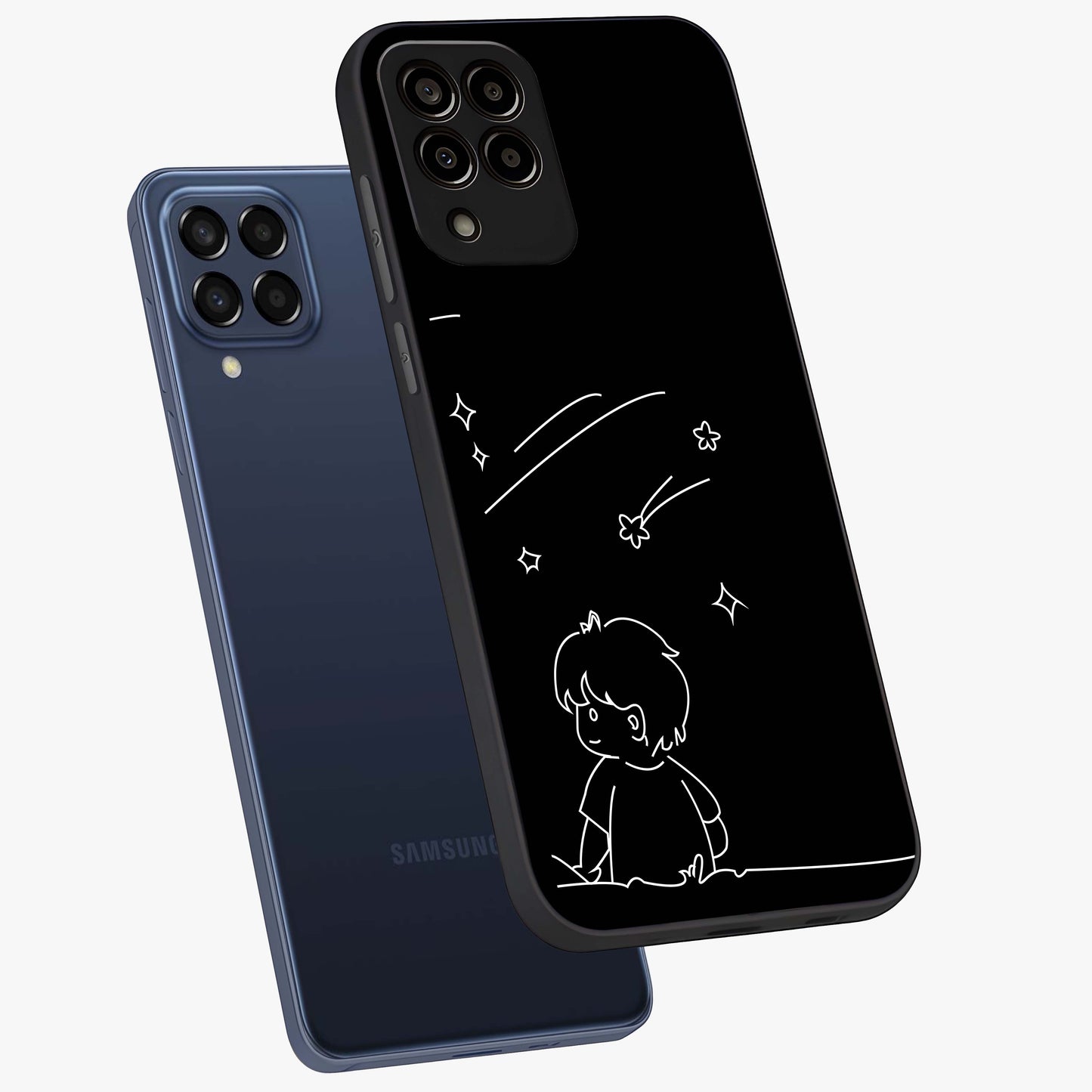 Line Art Boy With Shooting Stars Glass Case displayed in angled mockup highlighting elegant line art design with dreamy star aesthetic.