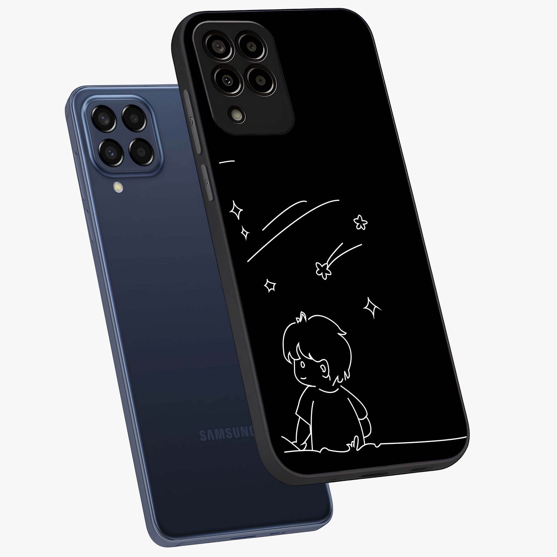 Line Art Boy With Shooting Stars Glass Case displayed in angled mockup highlighting elegant line art design with dreamy star aesthetic.