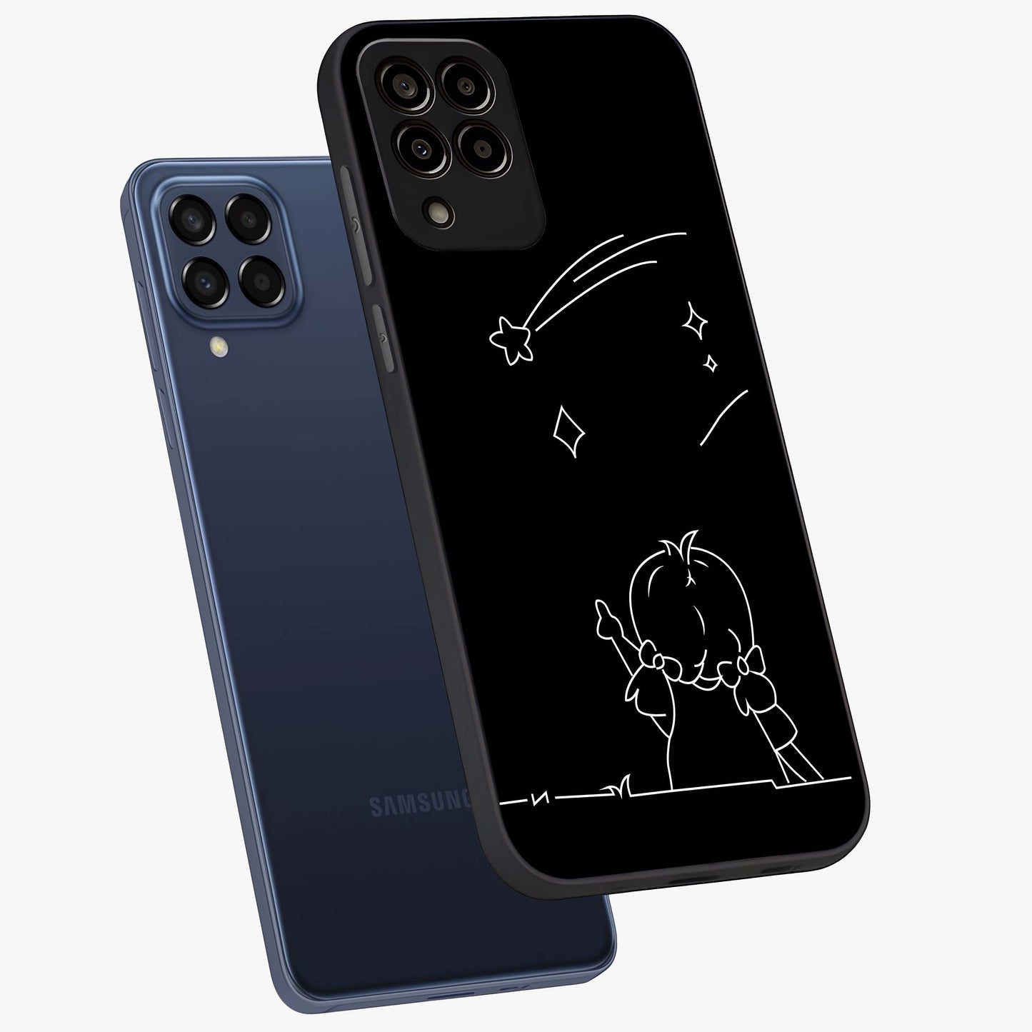 Line Art Girl With Shooting Stars Glass Case displayed in angled mockup highlighting elegant line art design with dreamy star aesthetic.