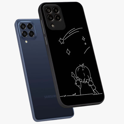 Line Art Girl With Shooting Stars Glass Case displayed in angled mockup highlighting elegant line art design with dreamy star aesthetic.