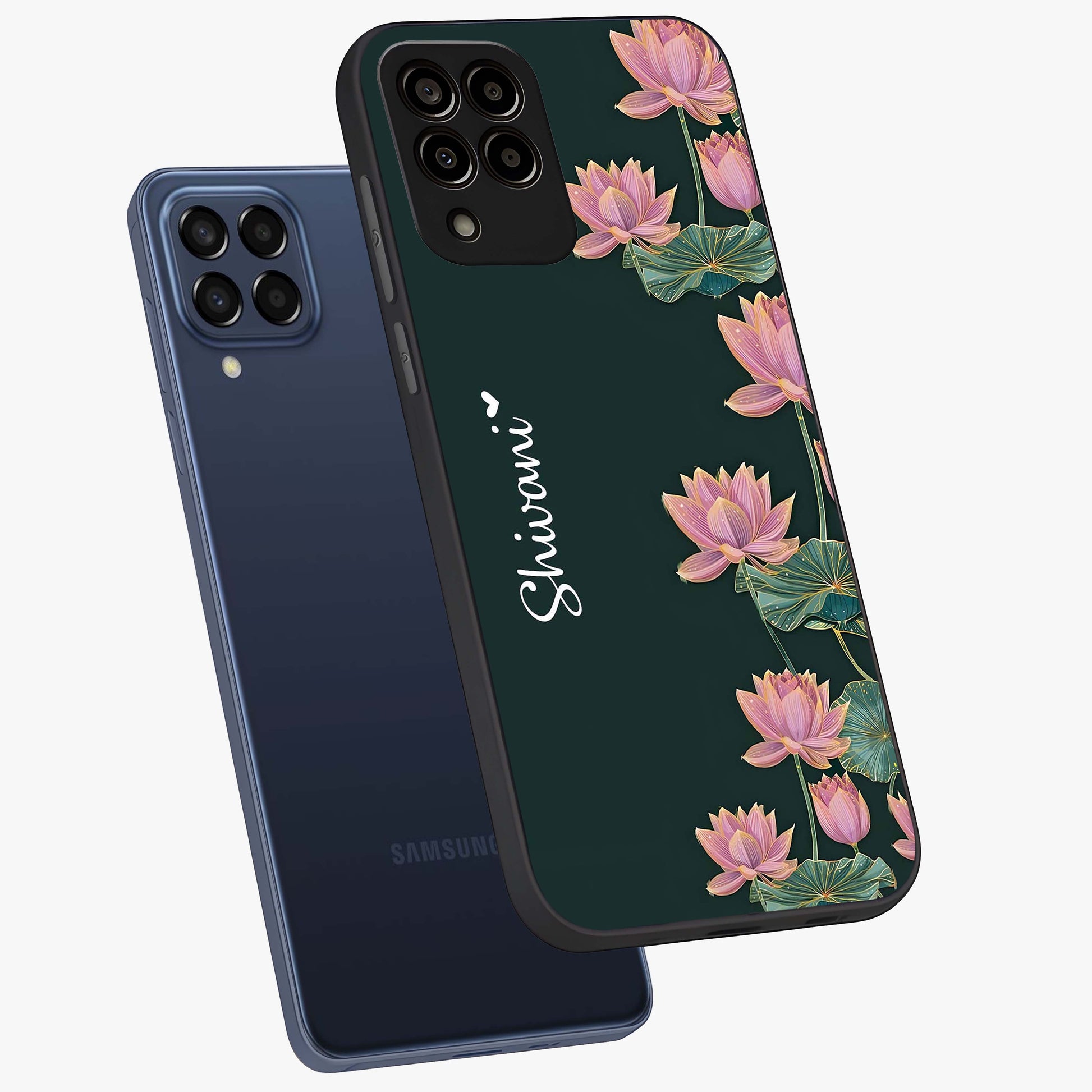 Lotus Bloom Serenity Custom Name Glass Case displayed in angled mockup highlighting graceful lotus illustration with custom name feature.