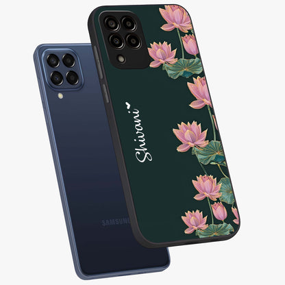Lotus Bloom Serenity Custom Name Glass Case displayed in angled mockup highlighting graceful lotus illustration with custom name feature.