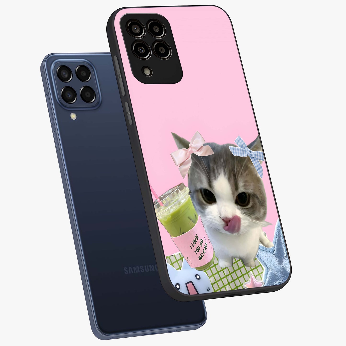 Love Matcha Cat Glass Case displayed in angled mockup highlighting playful feline illustration with cozy matcha aesthetic.