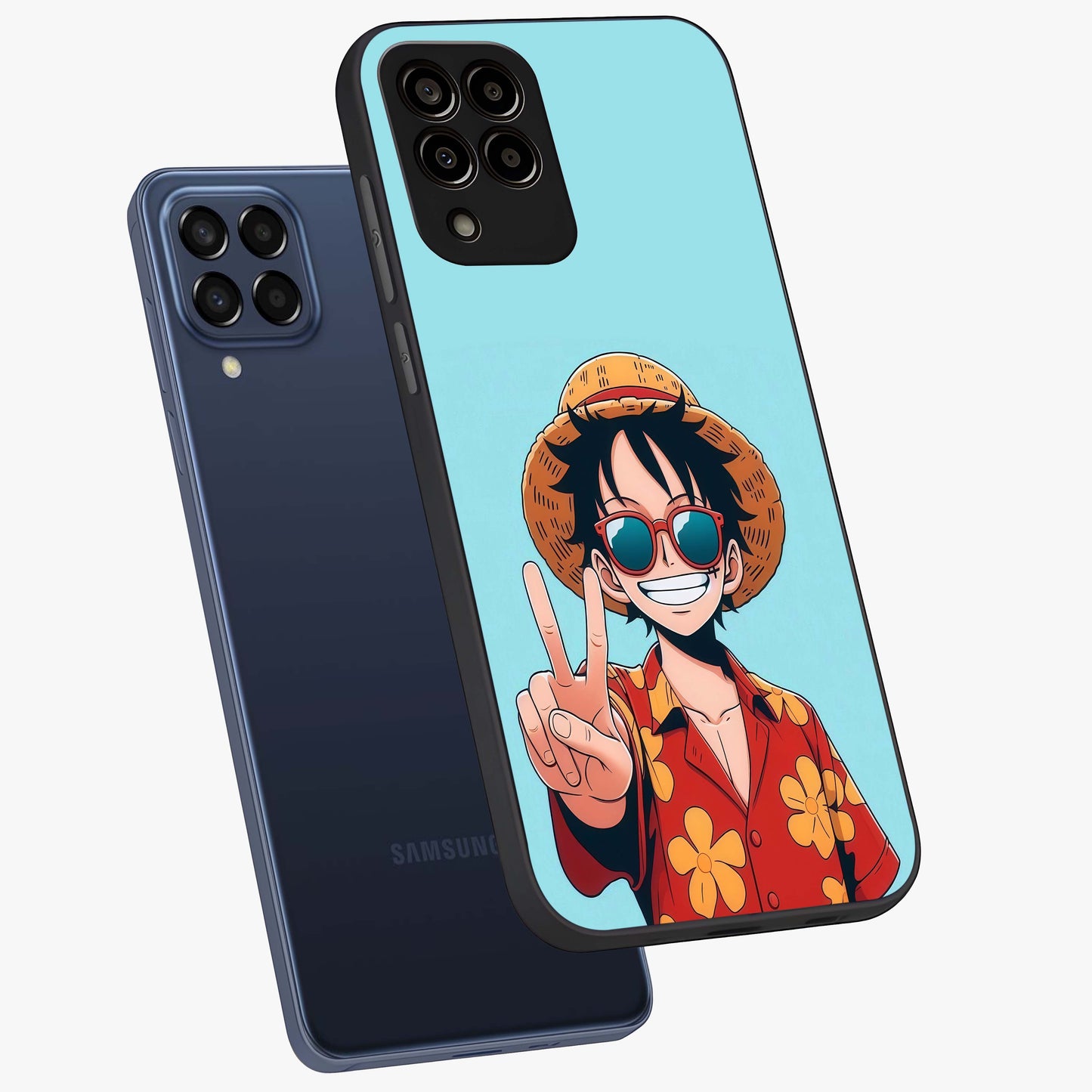 Luffy Summer Anime Vibe Glass Case displayed in angled mockup highlighting energetic anime illustration with summer vibe aesthetic.