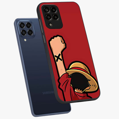 Luffy X Spirit Glass Case displayed in angled mockup highlighting powerful anime design with energetic action aesthetic.